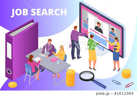 Search job, isometric vector illustration. Employment work, man woman character look at online candidate resume at computer screen. 81612064