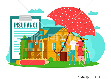 House property insurance for family, vector illustration. Protection and care service, man woman people character under huge safe umbrella. 81612082