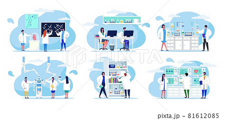 Science research in laboratory, vector illustration. Man woman people character make scientific experiment, medical test with microscope, set. 81612085