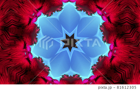 Cyan Mandala Concentric Flower on bloody red background. Kaleidoscope Center. Kaleidoscopic Design Pattern. 81612305