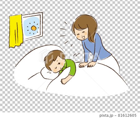 寝ぼけ眼の男児と明るく起こす母親 寝ぼけ眼の男児と明るく起こす母親 81612605