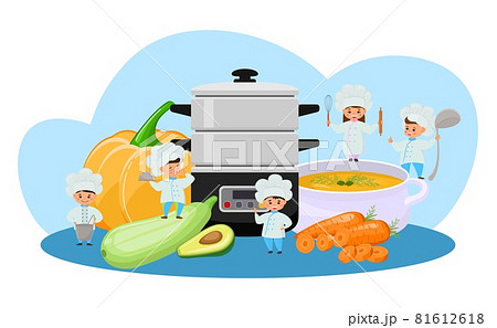 Cook food by steamer, vector illustration. Girl boy character use kitchen equipment, tool for making healthy cuisine. Pumpkin, zucchini, avocado Cook food by steamer, vector illustration. Girl boy character use kitchen equipment, tool for making healthy cuisine. Pumpkin, zucchini, avocado 81612618