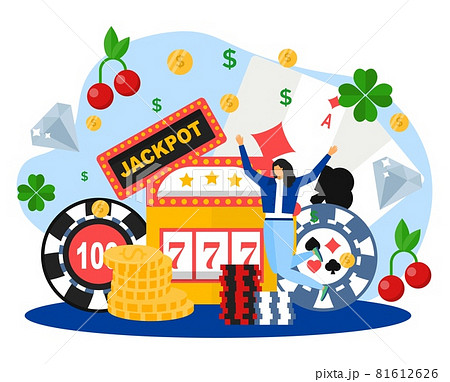 Luck in casino concept, vector illustration. Happy flat tiny woman character win jackpot, fortune wheel at online gambling. Slot game machine 81612626