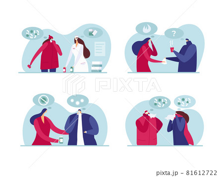 Help people with illness, vector illustration. Man woman people character with flu, doctor helping flat sick patient with influenza. Help people with illness, vector illustration. Man woman people character with flu, doctor helping flat sick patient with influenza. 81612722