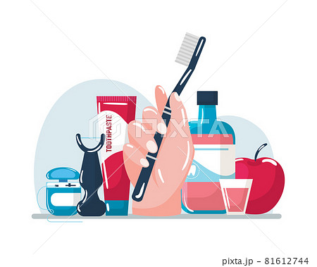 Brush teeth with toothbrush, vector illustration. Tooth hygiene, oral care wash by toothpaste, cartoon dental floss, mouthwash clean Brush teeth with toothbrush, vector illustration. Tooth hygiene, oral care wash by toothpaste, cartoon dental floss, mouthwash clean 81612744