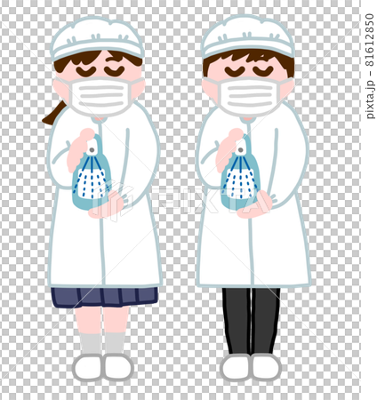 給食係　消毒係　アルコール消毒をする男子・女子学生 81612850