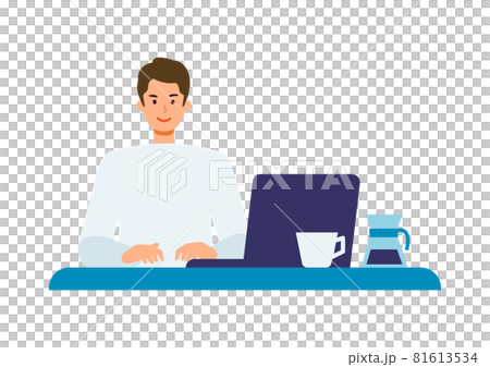 一個使用電腦的男人微笑著說話...... 一個使用電腦的男人微笑著說話...... 81613534