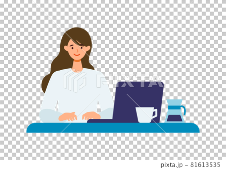 A woman who uses a computer smiles and talks ... 81613535