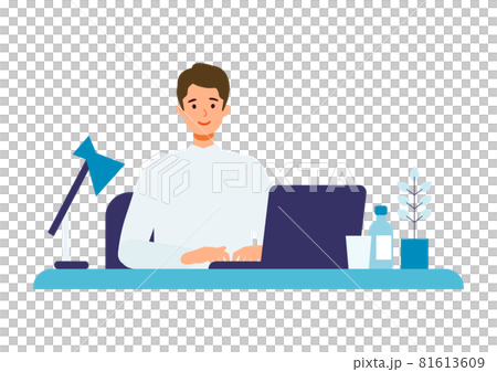 A man who uses a computer smiles and talks ... A man who uses a computer smiles and talks ... 81613609