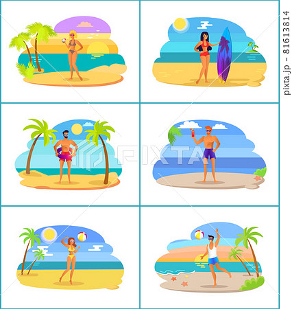 Men and Women in Swimwear at Tropical Beaches Set 81613814