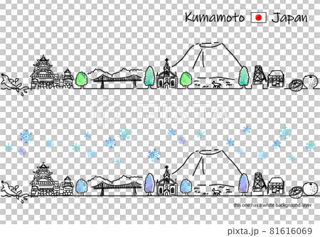 冬の熊本県の観光地の街並みシンプル線画セット 81616069