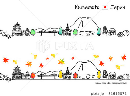 秋の熊本県の観光地の街並みシンプル線画セット 81616071