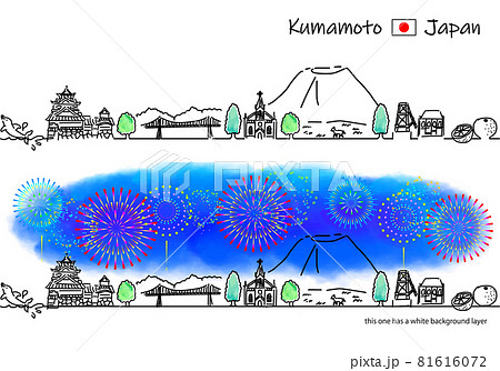 熊本県の観光地の街並みと花火のシンプル線画セット 81616072
