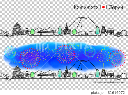 熊本県の観光地の街並みと花火のシンプル線画セット 81616072