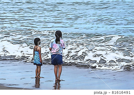 パステル調 砂浜で遊ぶ二人の女の子 イラストイメージのイラスト素材