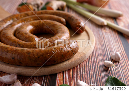 Local Northern Thai food , Northern Thai spicy sausage street food isolated in white background Local Northern Thai food , Northern Thai spicy sausage street food isolated in white background 81617590