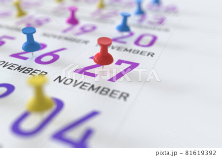November 27 date and push pin on a calendar, 3D rendering 81619392