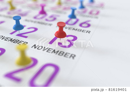 November 13 date marked with a pin calendar, 3D rendering November 13 date marked with a pin calendar, 3D rendering 81619401