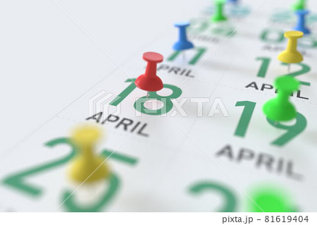 April 18 date and push pin on a calendar, 3D rendering 81619404