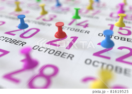 October 21 date and push pin on a calendar, 3D rendering 81619525