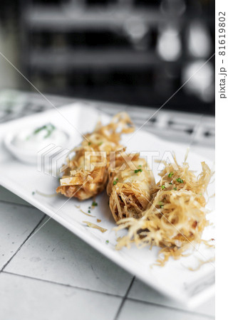 asian fried rice noodle shrimp spring rolls starter on plate asian fried rice noodle shrimp spring rolls starter on plate 81619802