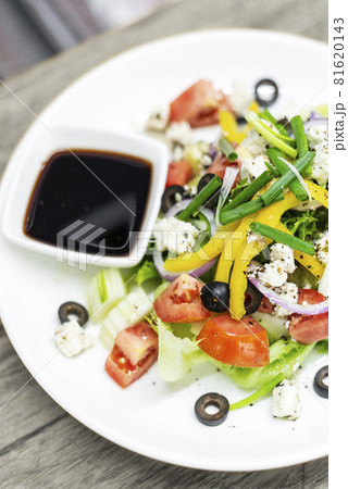 traditional greek salad with feta cheese and mixed organic vegetables traditional greek salad with feta cheese and mixed organic vegetables 81620143