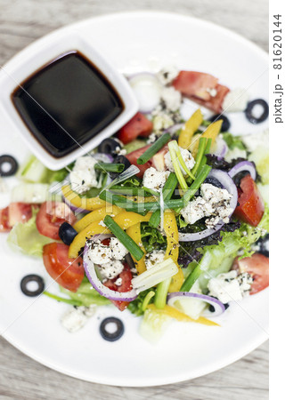traditional greek salad with feta cheese and mixed organic vegetables traditional greek salad with feta cheese and mixed organic vegetables 81620144