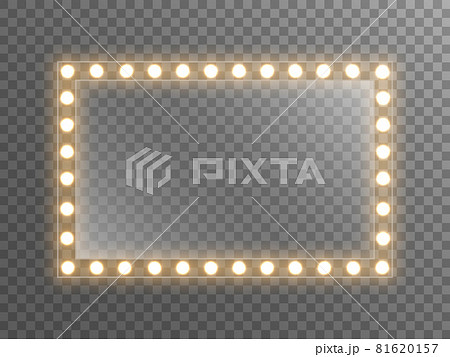 Makeup mirror with light. Dressing mirror with bright bulbs. Rectangle glass with reflection for poster, brochure or web. Illuminated frame on transparent backdrop. Vector illustration 81620157