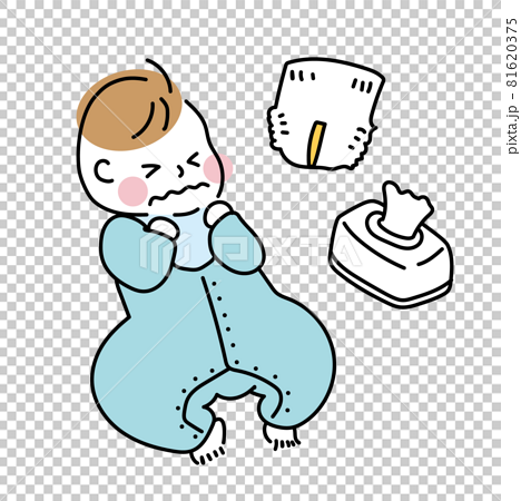 オムツ替えグッズと赤ちゃんのイラスト 泣き顔の男の子 のイラスト素材