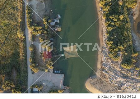 birds view of fishing huts in adriatic coast 81620412