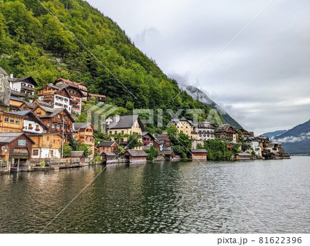 Hallstatt Austria city at lake and mountains panorama 81622396