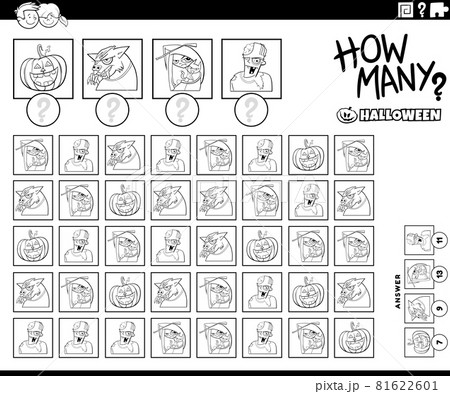 how many Halloween characters counting game color book page how many Halloween characters counting game color book page 81622601