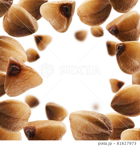 Ripe buckwheat grains levitate on a white background 81627973