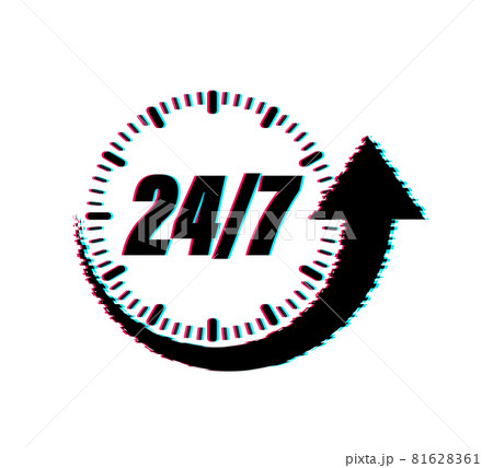 24-7 service concept. 24-7 open. Support service glitch icon. Vector stock illustration. 24-7 service concept. 24-7 open. Support service glitch icon. Vector stock illustration. 81628361