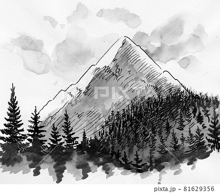 Mountain peak and forest. Ink black and white drawing 81629356