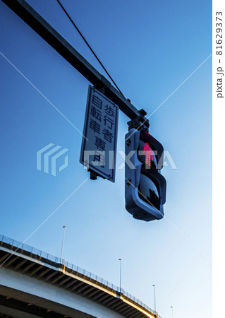 青空の元のカーブした高架道路と歩行者用信号 81629373