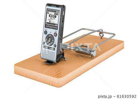Digital voice recorder inside mousetrap, 3D rendering Digital voice recorder inside mousetrap, 3D rendering 81630592