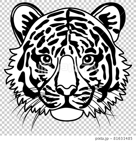 正面を向いた虎の顔の白黒イラストのイラスト素材