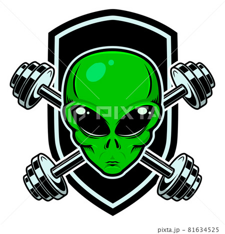 Sport emblem with alien head and crossed barbells. Design element for logo, label, sign. Vector illustration 81634525