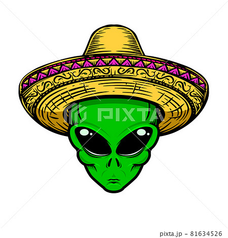 Illustration of alien in sombrero isolated on white background. Design element for logo, label, badge, sign. Vector illustration 81634526