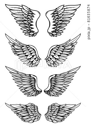 Set of illustrations of wings in tattoo style isolated on white background. Design element for logo, label, badge, sign. Vector illustration Set of illustrations of wings in tattoo style isolated on white background. Design element for logo, label, badge, sign. Vector illustration 81635874