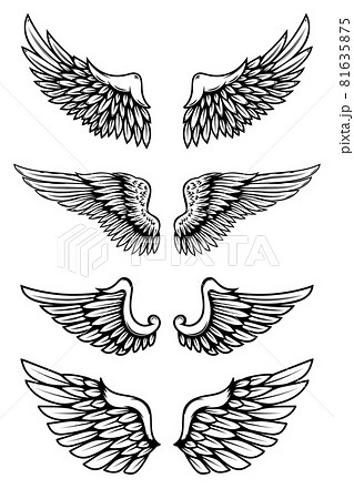 Set of illustrations of wings in tattoo style isolated on white background. Design element for logo, label, badge, sign. Vector illustration Set of illustrations of wings in tattoo style isolated on white background. Design element for logo, label, badge, sign. Vector illustration 81635875