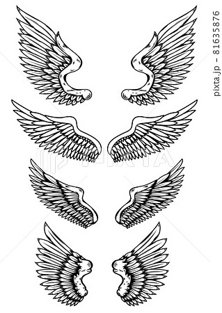 Set of illustrations of wings in tattoo style isolated on white background. Design element for logo, label, badge, sign. Vector illustration Set of illustrations of wings in tattoo style isolated on white background. Design element for logo, label, badge, sign. Vector illustration 81635876