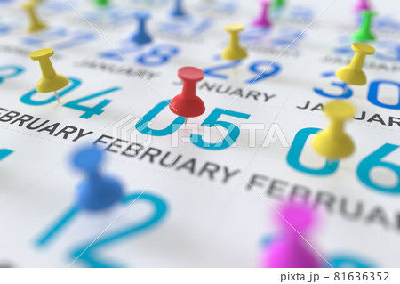February 5 date and push pin on a calendar, 3D rendering 81636352