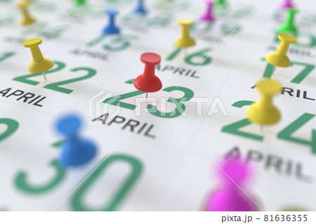 April 23 date and push pin on a calendar, 3D rendering 81636355