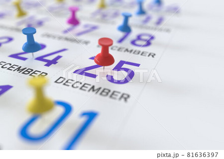 December 25 date and push pin on a calendar, 3D rendering December 25 date and push pin on a calendar, 3D rendering 81636397