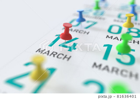 March 14 date and push pin on a calendar, 3D rendering 81636401
