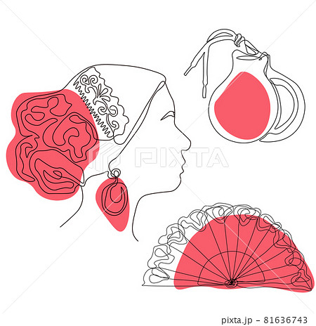 Set of flamenco icons vector stock illustration. Castanets, shoes, vane. Spanish traditional music. Isolated black silhouettes on a white background. 81636743