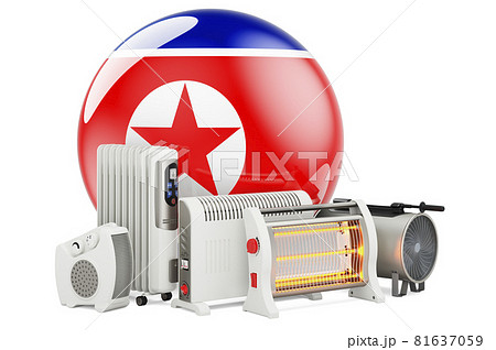 North Korean flag with heating devices. Manufacturing, trading and service of convection, fan, oil-filled, and infrared heaters in North Korea. 3D rendering North Korean flag with heating devices. Manufacturing, trading and service of convection, fan, oil-filled, and infrared heaters in North Korea. 3D rendering 81637059