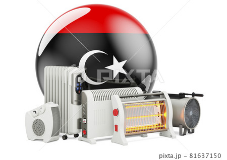 Libyan flag with heating devices. Manufacturing, trading and service of convection, fan, oil-filled, and infrared heaters in Libya. 3D rendering 81637150